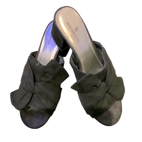 Worthington Shoes - Worthington Shoes Black Microsuede 3 Inch Chunky Heels Bow Detail Sandals Size 8
